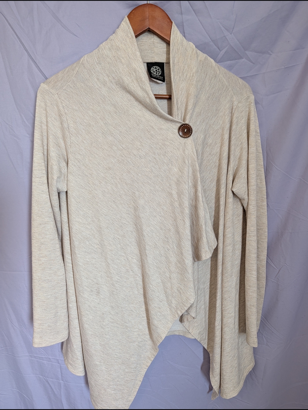 Bobeau soft cream waterfall sweater with faux leather look button.